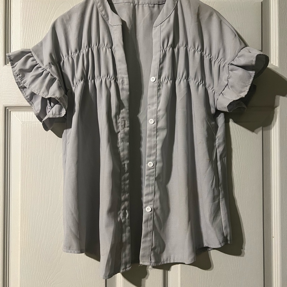 Light Gray Ruffle Sleeve Button-Up Blouse